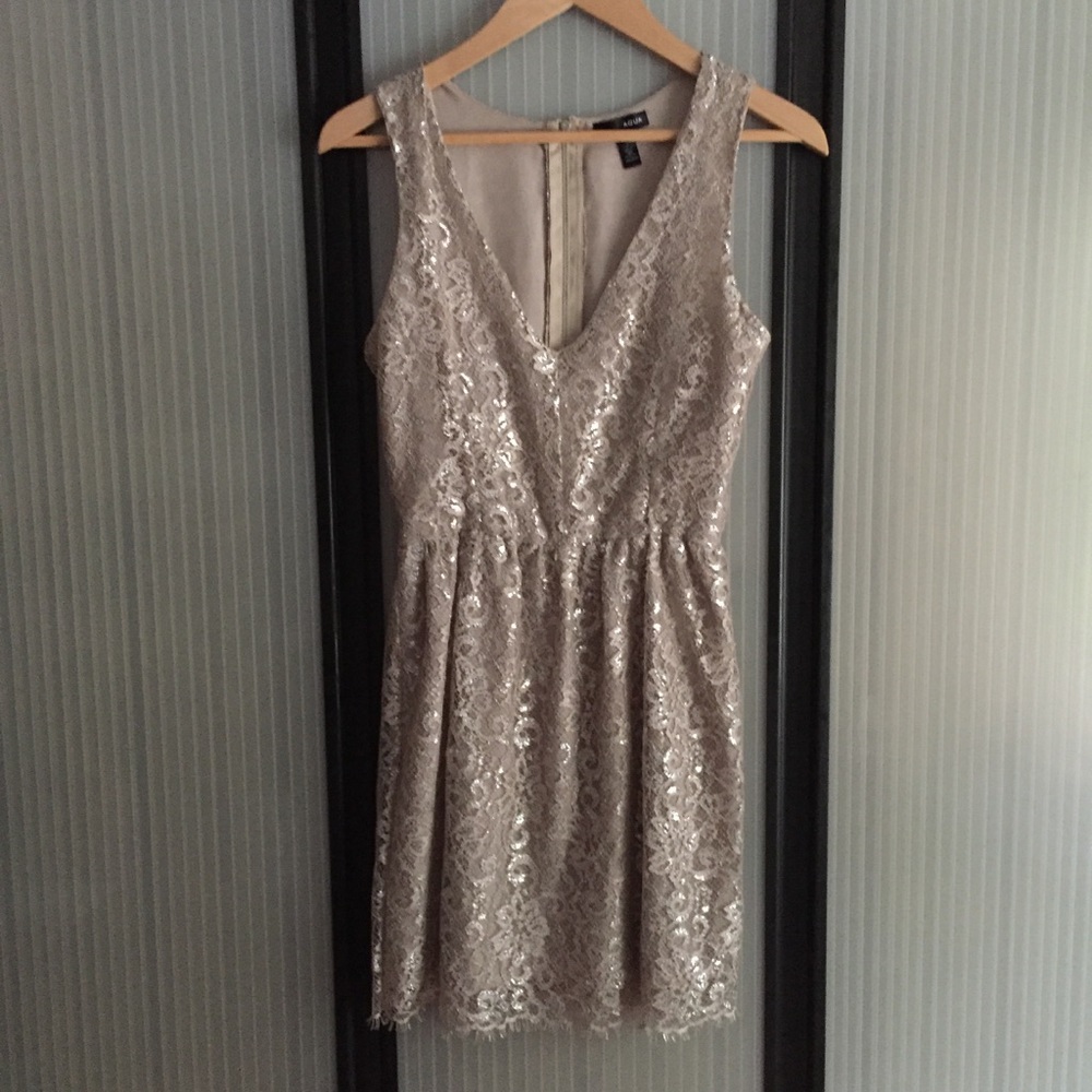 Aqua V-Neck Metallic & Lace Mini Dress